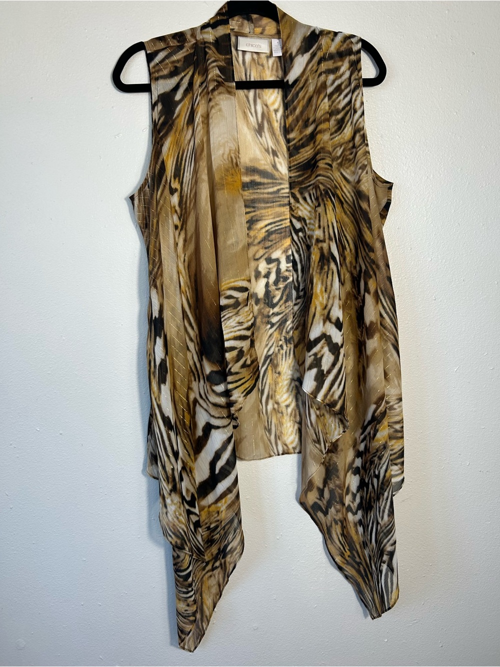 Chico's Tiger Print Draped Vest Size 1 Medium M Shimmer Sheer Animal Boho Gold